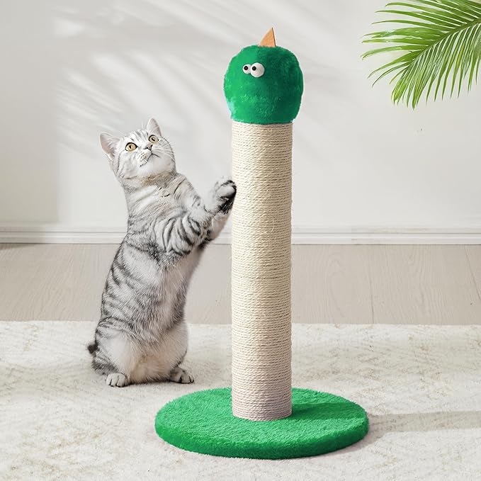 Indoor Cat Scratching Post: 22 in Tall Cat Scratcher with Natural Sisal Rope, Cute Monster Design Kitty Pet Tower with Sturdy Wood Base, Great Gift for Small and Large Kittens, Green