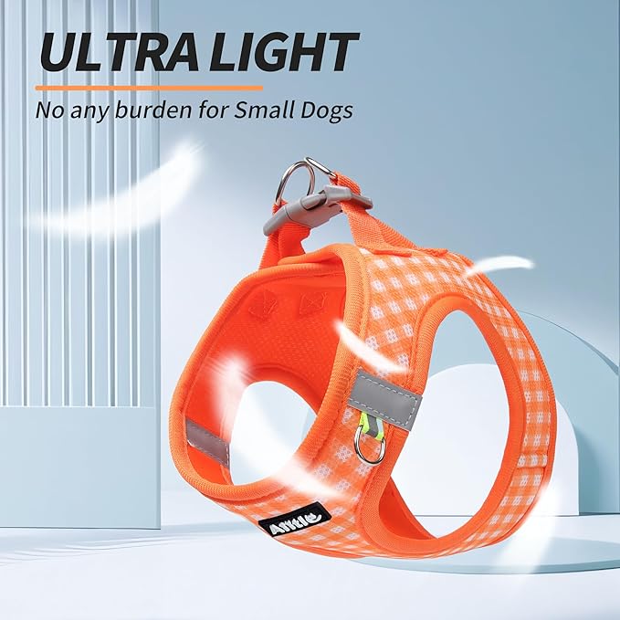 AIITLE Plaid Print Dog Harness Set – Lightweight, Reflective & Adjustable Vest Harness for Puppies – Perfect for Boston Terriers, Maltese & Indoor/Outdoor Use (XS, Orange)