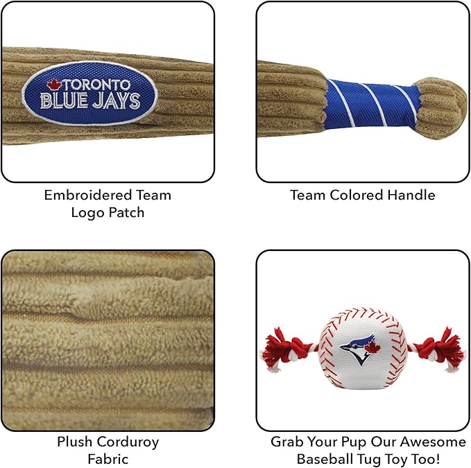 MLB Toronto Blue Jays Baseball Bat Toy for DOGS & CATS. Soft Corduroy Plush Dog Toy with Inner SQUEAKER, MLB Chew Toys for Dogs or Cats. Durable Fun Interactive Dog Toy with Team Names and Logo