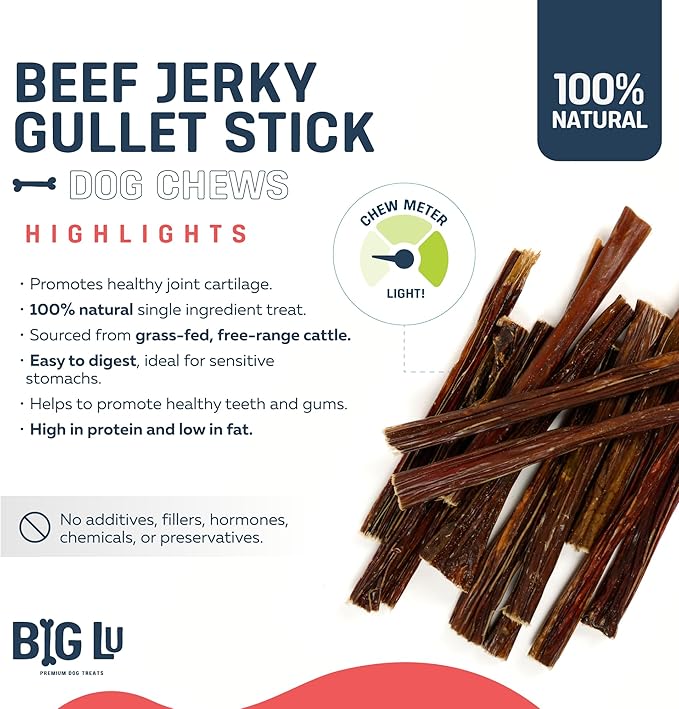 Big Lu - 6-Inch Jerky Gullet Sticks, 6 Count, All-Natural Beef Dog Chews, Grass-Fed, Free-Range, Digestible Treats with Glucosamine and Chondroitin for Joint Health, Dogs