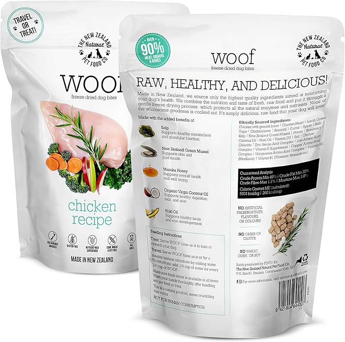 The New Zealand Natural Pet Food Co Woof Freeze Dried Dog Food - Chicken Recipe, High Protein, Dog Food Topper & Dog Treats, All Life Stages, 1.76 oz