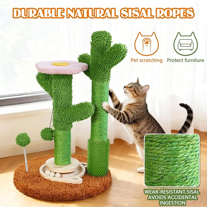 DIY Cactus Cat Scratching Post with Self-Grooming Brush and Ball Toy, 9+ Adjustable Installation Styles, Modular Sisal Cat Scratching Post for Indoor Cats and Kittens, Customizable Cat Furniture