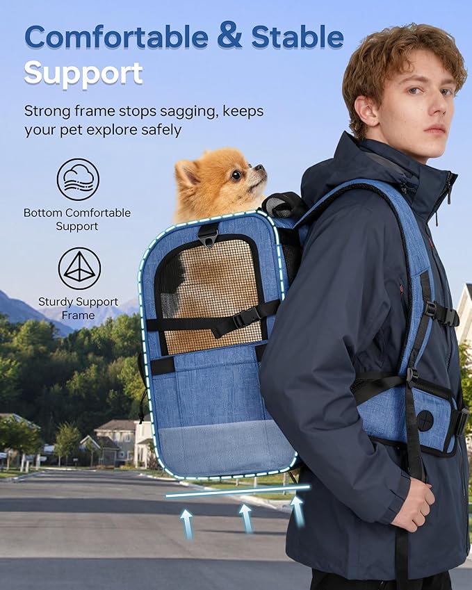 Hiking Dog Carrier Backpack, Padded Height-Enhancing Design, Adjustable Waist Cushioning Belt with Breathable Padded Back Support, Dog Carrier Backpack for Small Dogs Max 13LB Blue with Pad