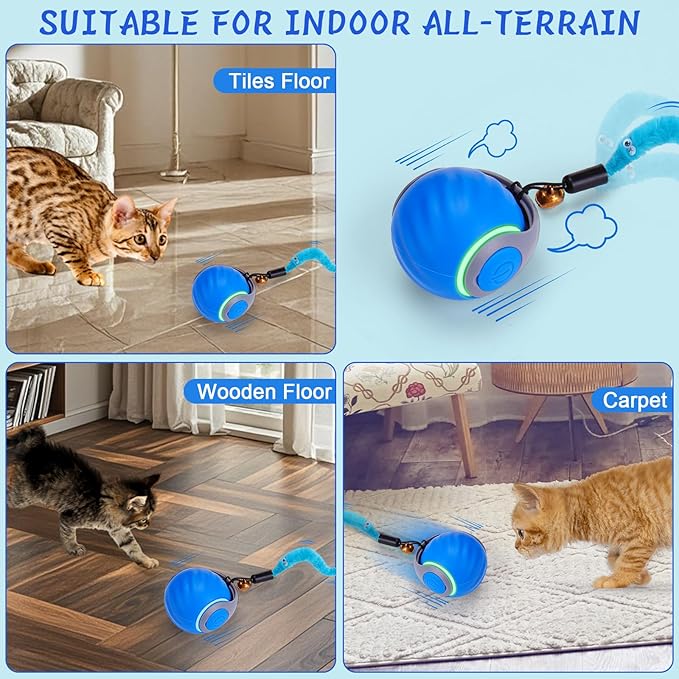 BABORUI Interactive Cat Toy Ball - Automatic Interactive Cat Toys for Indoor Cats with 3 Tails, 2 Speeds Rechargeable Cat Enrichment Toys for Small/Medium/Large Cats to Keep Them Busy(Blue)