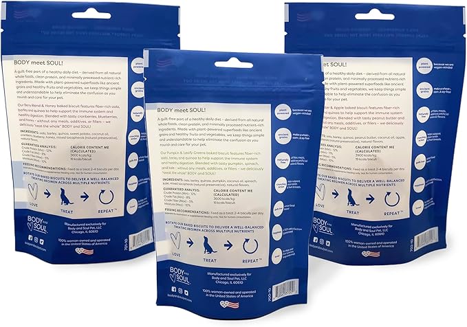 Body and Soul Superfood Crunchy Healthy Dog Treats 3 Pack Variety - Peanut Butter + Apple, Pumpkin + Leafy Greens, Berry Blend + Honey - Plant-Based Biscuits Baked with Ancient Grains - Made in USA