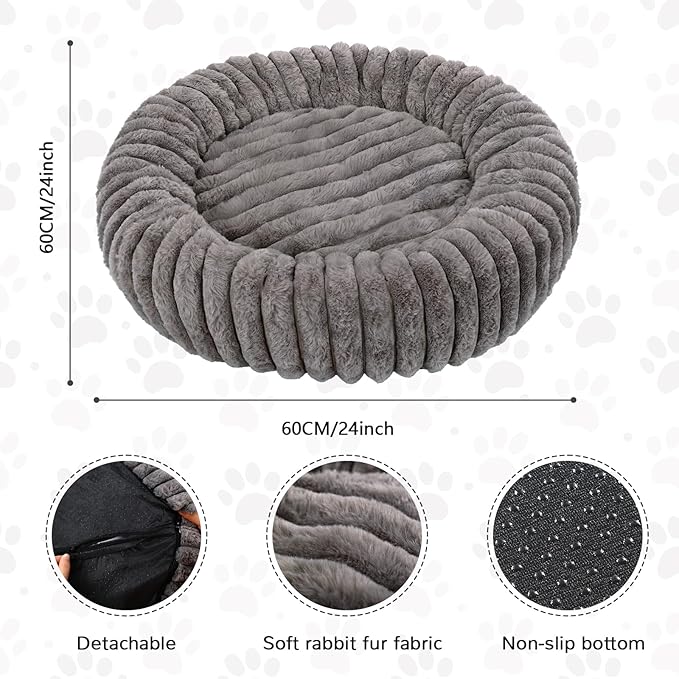 Cat Bed Round, Washable Calming Pet Bed, Ultra Soft Puppy Bed for Small Dogs with Non-Slip Bottom(24×24inch, Grey)