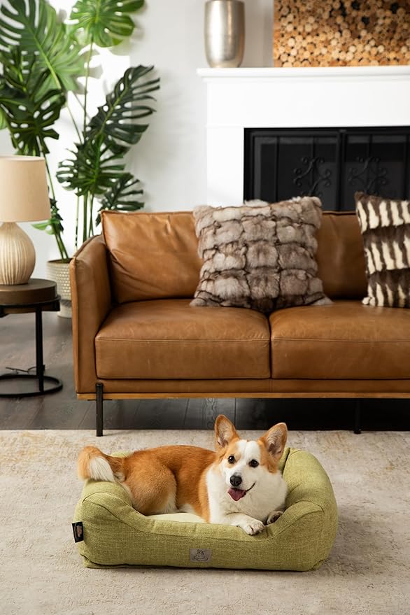 Furry's Paradise Cuddler Waterproof Bolster Pet Bed with Recycled Fibers and Non-Slip Bottom. (Olive Green, Small)