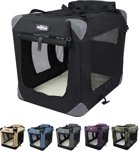 EliteField 3-Door Folding Soft Dog Crate with Carrying Bag and Fleece Bed (2 Year Warranty), Indoor & Outdoor Pet Home (36" L x 24" W x 28" H, Black)