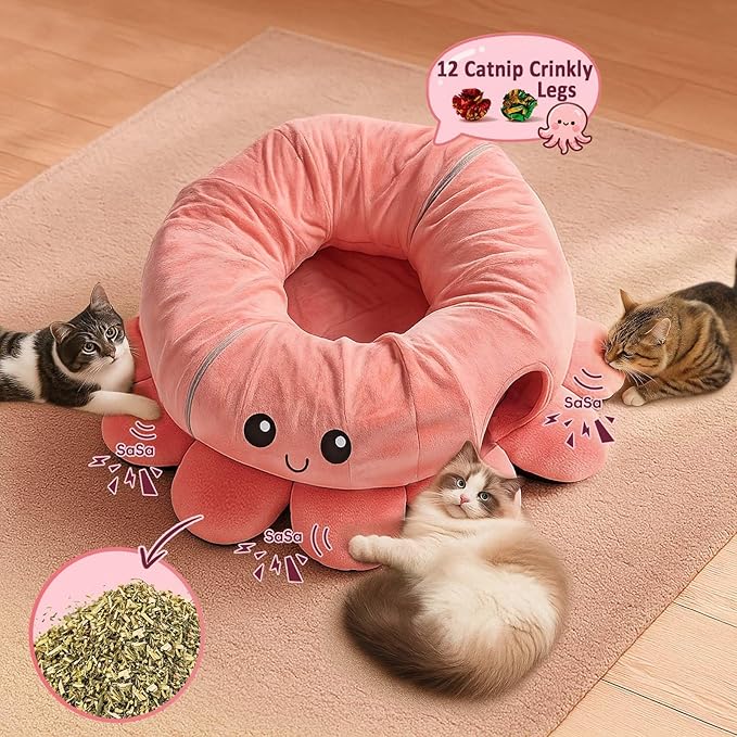 Cat Tunnel Bed with 20 Cat Toys, Collapsible Play Tunnel for Indoor Cats, Kitten Toys for Indoor Kittens, Octopus Shaped