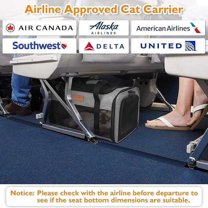 PETUX TSA Approved Pet Carrier in Cabin - 17"x11"x9.5", Underseat, Soft Sided Cat Carriers with Safety Zippers and Anti-Scratch Mesh for Small Cat up to 12 lb, Ideal for Travel and Vet Visit, Grey