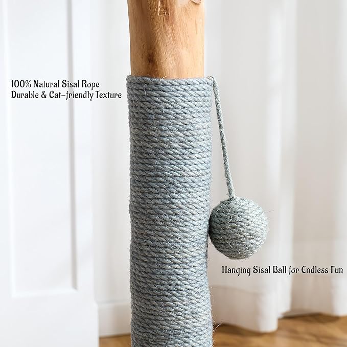 29" Tall Cat Scratching Post with Sisal Scratcher, Extra-Stable & Natural Solid Rubber Wood Base, Hanging Ball Toy for Indoor Cats Adults & Kittens, Gray