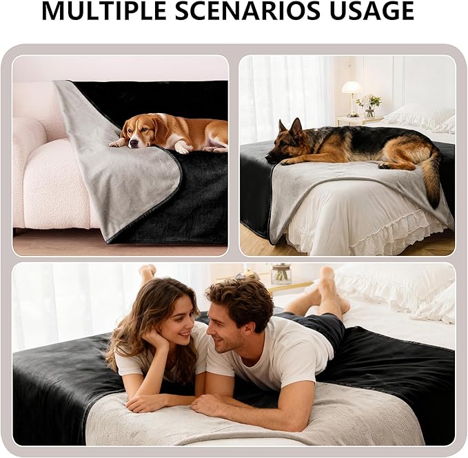 Waterproof Dog Blanket for Bed, Reversible Pet Couch Throw Blankets Leak Proof Sofa Protector for Furniture Machine Washable-82x120,Black+Lightgrey