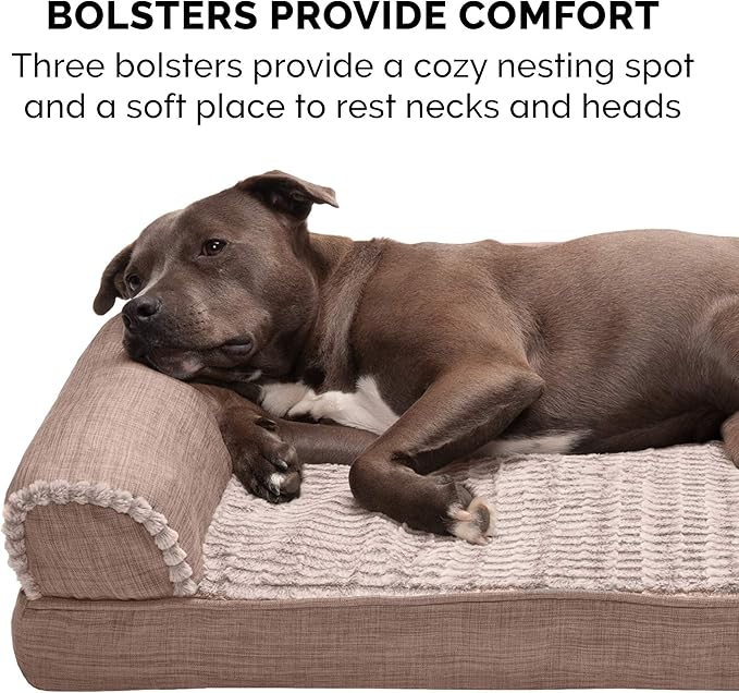 Furhaven Orthopedic Dog Bed for Large Dogs w/ Removable Bolsters & Washable Cover, For Dogs Up to 95 lbs - Luxe Faux Fur & Performance Linen Sofa - Woodsmoke, Jumbo/XL