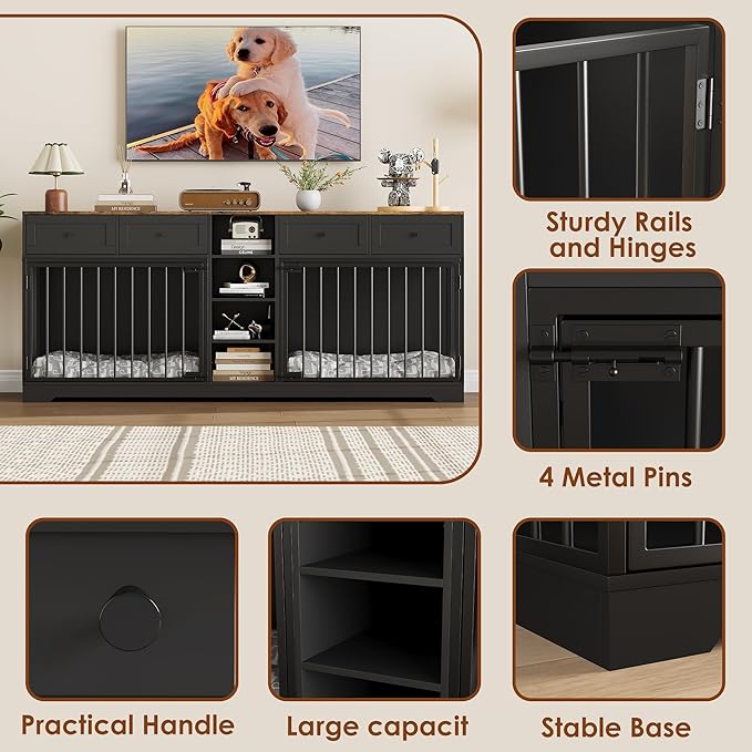 82??Double Dog Crate Furniture, Large Dog Kennel Indoor for 2 Dogs, Heavy Duty Wooden Dog Crate TV Stand with 4 Drawers and Shelves, Black