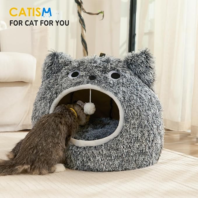 CATISM Cat Bed for Indoor Cats - Cat Bed Cave Washable, Soft Plush, Removable Pillow, Non-Slip Base, Large Cave for Kitty