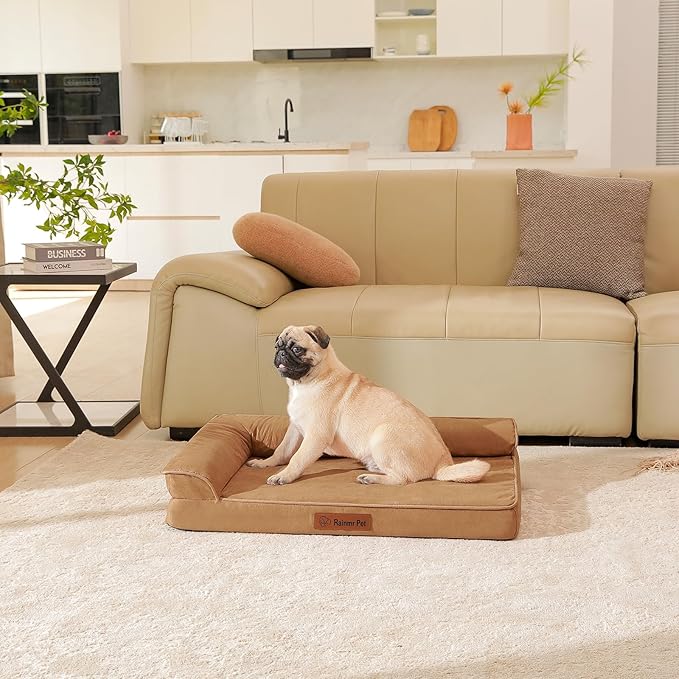 Orthopedic Dog Bed Medium Size Dog, Memory Foam Pet Bed for Medium Dogs, Removable and Washable Microsuede Cover, TPU Waterproof Liner, Nonskid Bottom, 35x23x6 Inches, Khaki