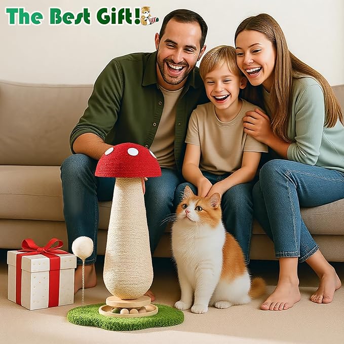 DFQ Mushroom Cat Scratching Post,Scratcher for Indoor Adults Cats, Kitty Tree with Catnip Ball Track Spring Fur Ball,Durable Sisal Toy,Kitten Tower with Durable Solid Wood,25.2''-Red