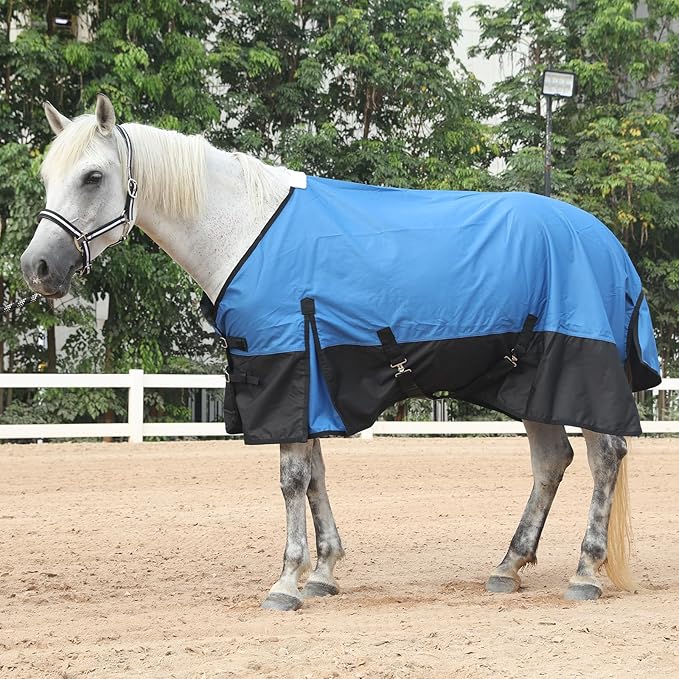 600 Denier Rip-Stop Horse Rain Sheet Lightweight Waterproof and Breathable Turnout Horse Blanket (No Fill) RoyalBlue/Black 69