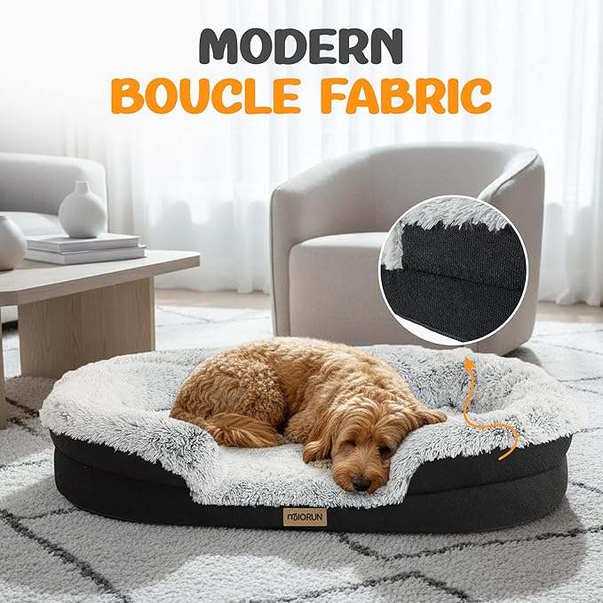 Fluffy Orthopedic Dog Bed for Extra Large & Jumbo Dogs, Calming Plush Sofa Bed with Curved Bolster Support, 48" Cozy Oval Pet Donut Bed with Washable Cover, Gray
