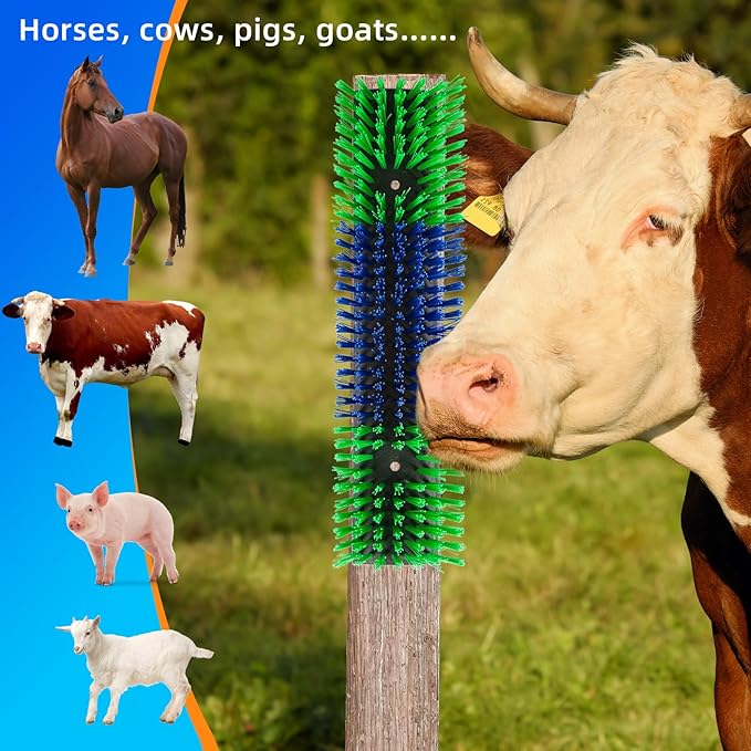 Livestock Scratch Brush for Cattle, Horses, Goats, Cow, Durable Scratching & Massage Grooming Tool for Healthy Coat, Relieves Itching, Easy Install on Fence Posts(2pcs, Green)