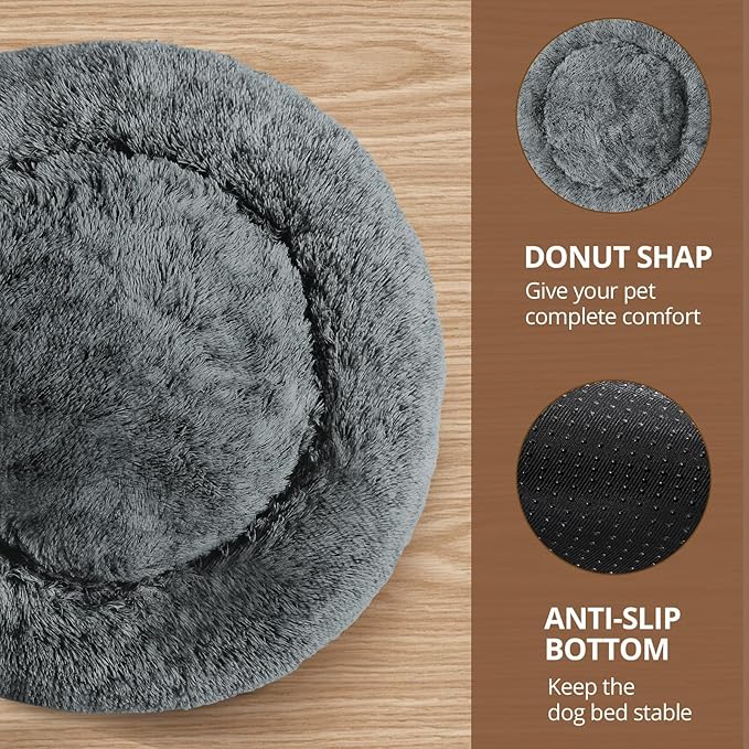 JOLLYVOGUE Calming Dog & Cat Bed for Small Dogs, Anti-Anxiety Donut Cuddler Cozy Soft Round Bed with Anti-Slip Bottom, Fluffy Faux Fur Plush Cushion Beds for Small Medium Dogs (27")