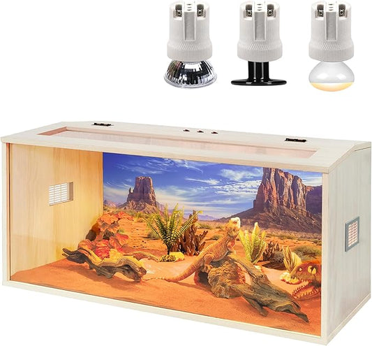 PROLEE Tempered Glass Bearded Dragon Tank,Wooden Reptile Tank and Lizard Tank, Large Bearded Dragon Enclosure with Built-in Lamp Fixture, Snake Tank (Wooden-Topped roof, 40inch,60 Gallons)