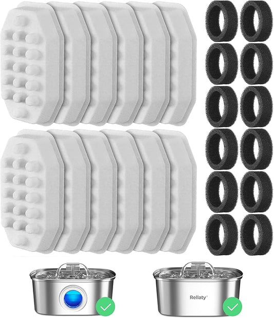 Official Cat Fountain Filters Replacement： Pre-Filter Sponges for 3.2L/108oz Automatic Pet Water Fountain - Includes 12 Sponge Filters & 12 Carbon Filters