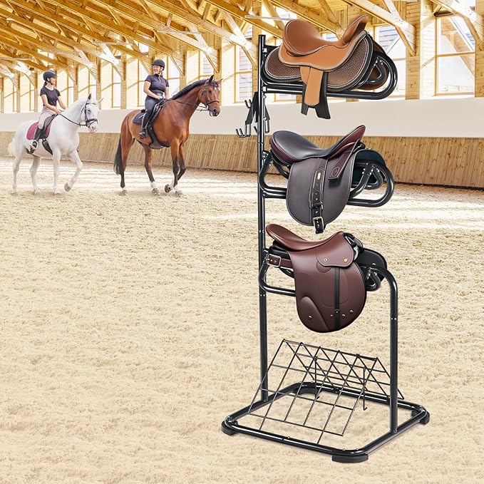 VEVOR Freestanding Saddle Stand, 30 x 30 x 68.5 in, 3 Tiers Saddle Rack, Heavy Duty Saddle Blanket Holder with Removable & Rotating Tiers, English & Western Saddle Rack for Tack Room Organization
