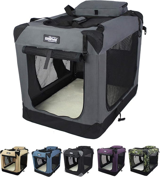 EliteField 3-Door Folding Soft Dog Crate with Carrying Bag and Fleece Bed (2 Year Warranty), Indoor & Outdoor Pet Home (24" L x 18" W x 21" H, Gray)