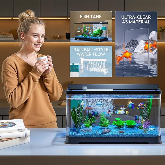 LED Aquarium Fish Tank Kit,（Light + Filter + Green Plants + Blue Sand + Pineapple Houses + Shells） Black, 14 Gallon