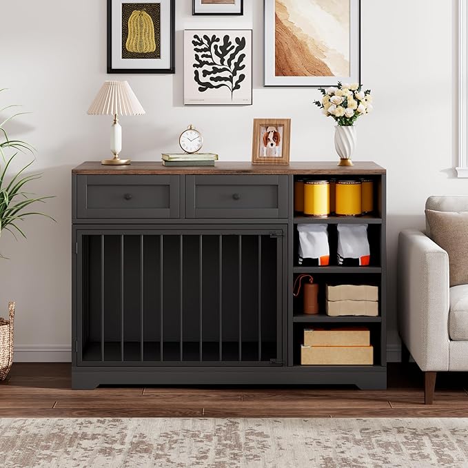 Dog Crate Furniture 47?? Large Dog Crate TV Stand with 2 Drawers and 4 Shelves, Wooden Dog Kennel Indoor, Decorative Dog Cage with Storage for Large Dogs, Black