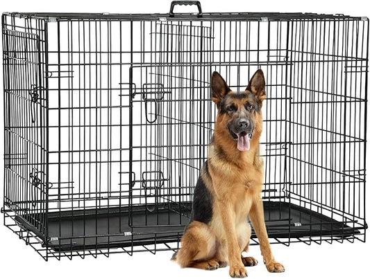 FDW Dog Crate 48-Inch Dog Cage Foldable Metal Kennel with Leakproof Tray Foldable Design Indoor Outdoor Use for XL Large Dogs,Dark Black