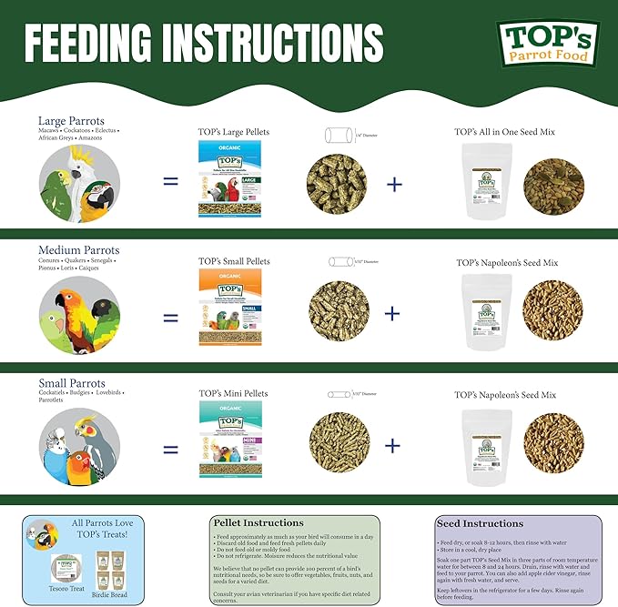 TOP's Parrot Food Pellets Hookbills, Small, Medium and Large Parrots - Non-GMO, Peanut Soy & Corn Free, USDA Organic Certified - 4 lb / 1.81 kg