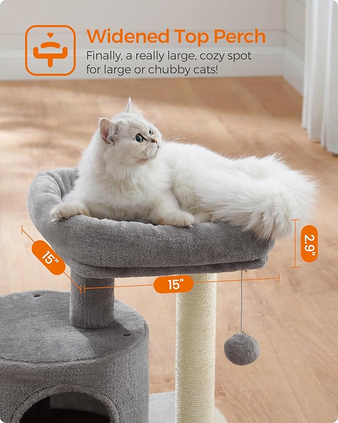 Feandrea Cat Tree Tower with Sisal Scratching Post, Cat Condo with Padded Perch, for Small Spaces, Kittens, Light Gray UPCT50W