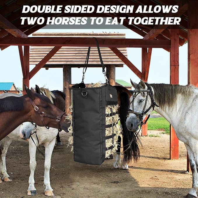 Innovative Hay Bags for Horses, Goat Hay Feeder with Reinforced Oxford Fabric and High Strength Metal Clasp,Horse Feeding Supplies with Adjustable Strap for Easy Hanging (2 Black+1 Purple)