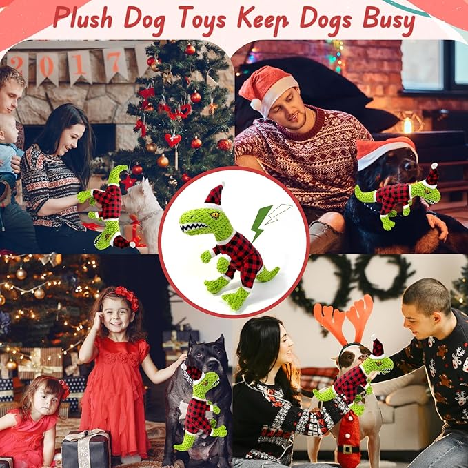 Christmas Squeaky Dog Toys, Xmas Interactive Plush Dog Toy for Large Dogs, Chew Toy to Keep Them Busy for Boredom, for Small Medium Large Dogs -Tyrannosaurus rex