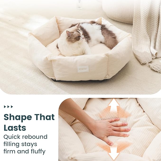 Large Cat Bed, Washable Orthopedic Cat Beds for Indoor Cats, Soft Donut Calming Dog Bed for Small Medium Dogs with Anti Slip Bottom, Cute Kitten Bed, 29.5x29.5x7.9 in, Cream White