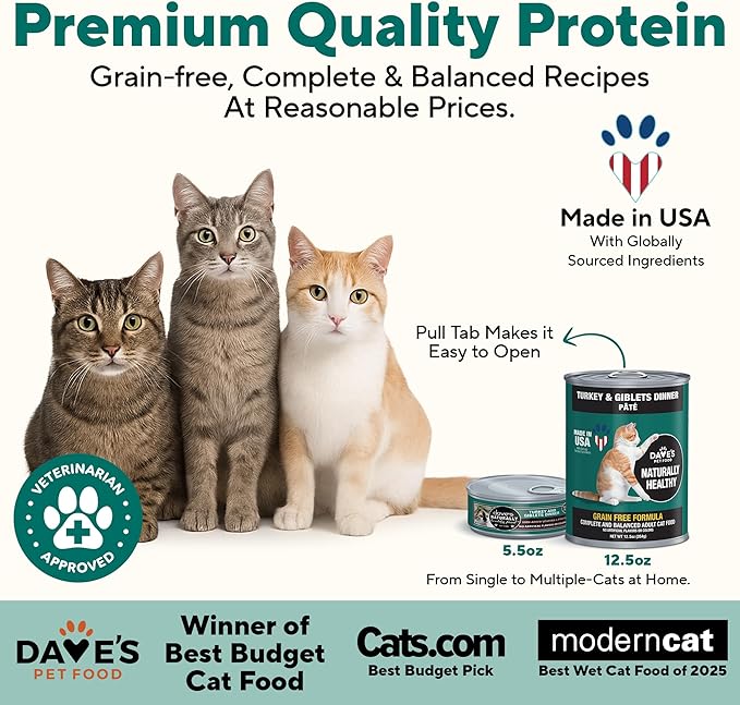 Dave's Pet Food Grain Free Wet Cat Food Gravy (Turkey & Giblets Dinner in Gravy), Made in USA Naturally Healthy Canned, Added Vitamins & Minerals, 5.5 oz Cans (24 Pack)