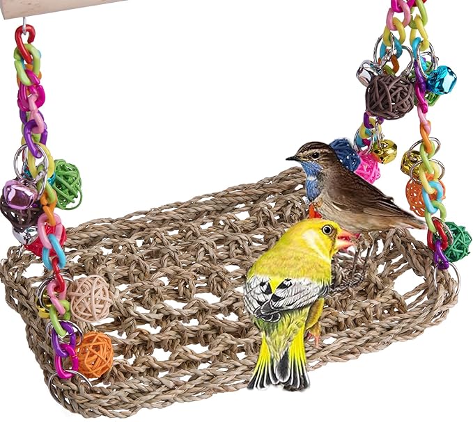 Bird Swing Toys with Wood Perch, Seagrass Woven Parrot Platform Bird Climbing Hanging Hammock Bird Perch Stand Chewing Toy for Parakeets,Budgie, Conure, Cockatiel,Lovebird