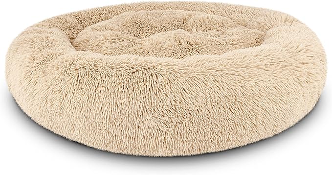 The Dog’s Bed Sound Sleep Donut Dog Bed, Large Dog Beige Fur Calming Nest Bed