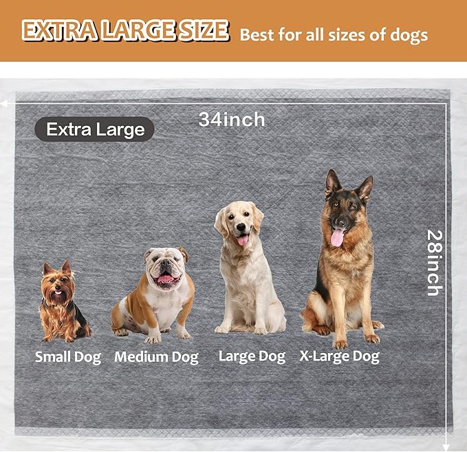 Dog Pee Pads Extra Large 28" x 34", 30 Count, Activated Carbon Charcoal Puppy Pads XL, Potty Pads for Dogs with Adhesive Sticky Tape, Disposable Training Bed Pads for Pets, Doggies, Cats