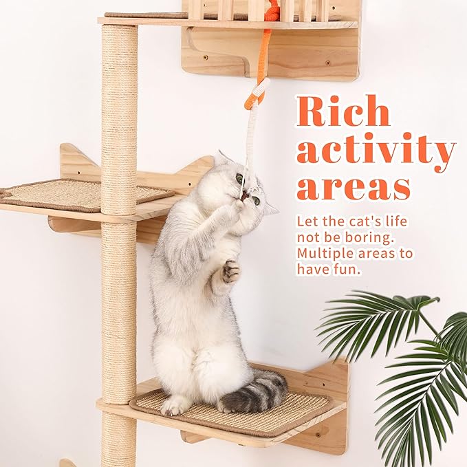 KVIDA Cat Wall Shelves for Large Cats – 7PCS Solid Wood Wall-Mounted Cat Tree with 3 Sisal Posts, Wide Perches & Lookout Tower, Space-Saving Climbing Furniture for Indoor Homes