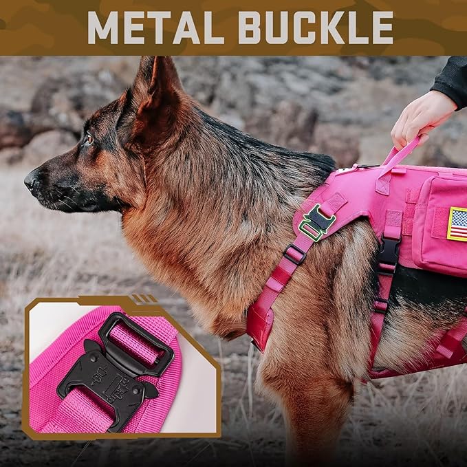 Forestpaw Pink Tactical Dog Harness for Large Dogs,Tactical Dog Collar with Bungee Leash Set,No Pull Military Dog Harness for Walking Training,Adjustable for Medium Large Dogs,Chest 19.5-41.5"