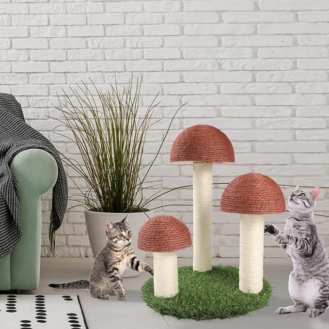 PowerKing Cat Scratching Post, Mushroom Claw Scratching Post for Cat, Natural Sisal Cat Scratchers with 3 Mushroom Pole, Cat Interactive Toys