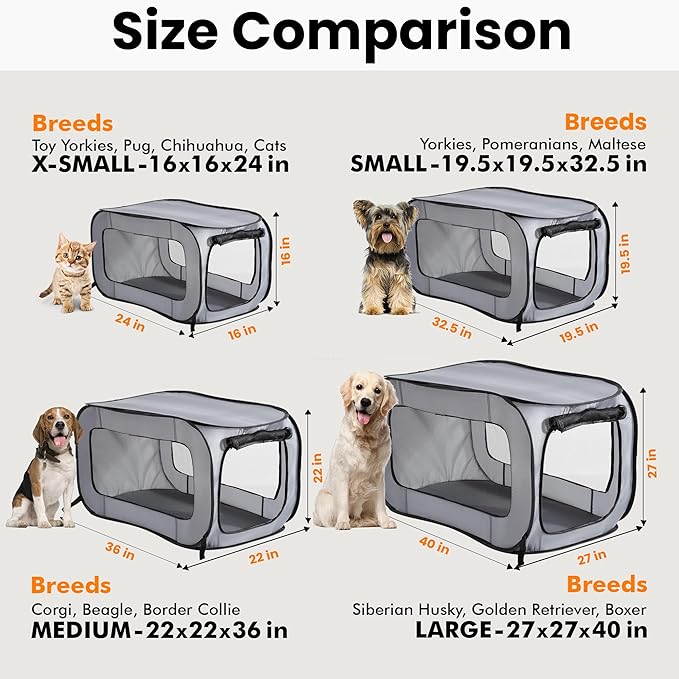 Beatrice Home Fashions Portable, Collapsible, Pop Up Kennel Travel Cat and Dog Crate, 32.5" L x 19.5" W x 19.5" H, Gray