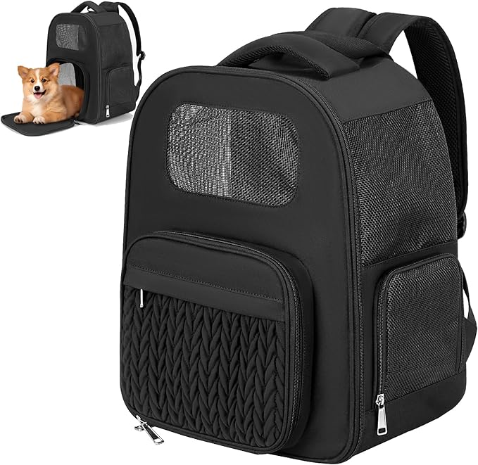 Pet Backpack Carrier for Small Cats Dogs Puppy Kitten Up to 15lbs, Stylish Lightweight Breathable Mesh with Pocket, Airline Approved Travel Foldable Pet Bag (Black, 13inch x 8.3inch x 15.8inch(LxWxH))