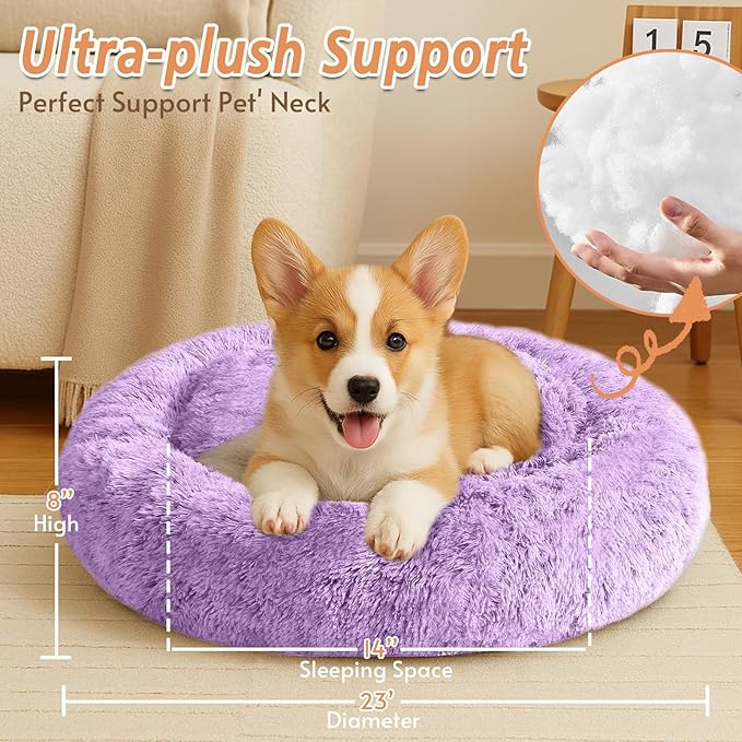 JOLLYVOGUE Calming Dog & Cat Bed for Small Dogs, Anti-Anxiety Donut Cuddler Cozy Soft Round Bed with Anti-Slip Bottom, Fluffy Faux Fur Plush Cushion Beds for Small Medium Pets (23")