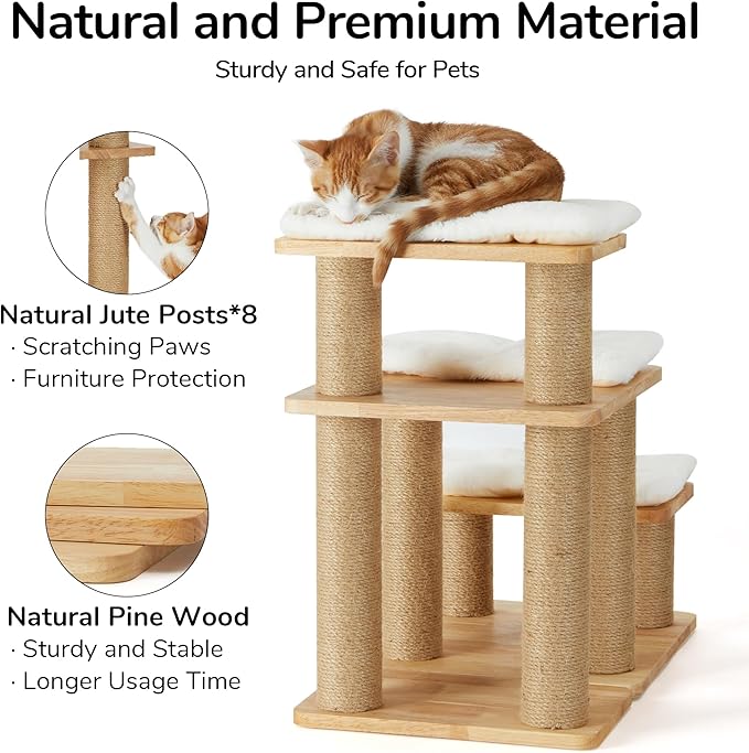 FUKUMARU Dog Stairs, Solid Wood Pet Stairs with Cat Scratching Post, Transformable Cat Ramp Can Hold Up to 200 lbs, 20 Inch Pet Steps for Dogs and Cats to Climb High Bed and Couch, Over 6 Combinations