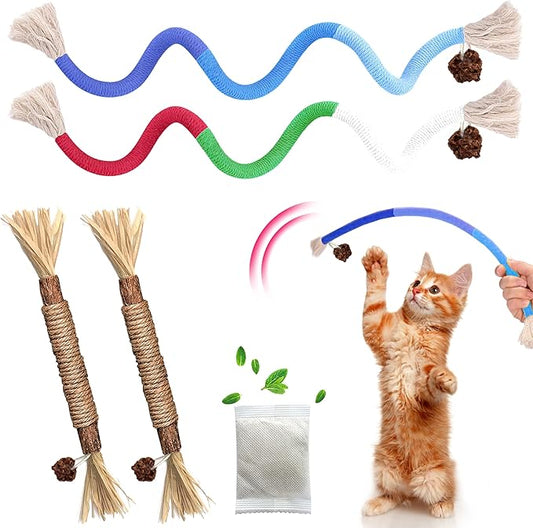 Cat Toys Chew Rope & Silvervine Sticks for Bored Indoor Adult Cats, 4Pcs Interactive Catnip Toys for Cats with Refillable Natural Catnip Bag for Teeth Cleaning
