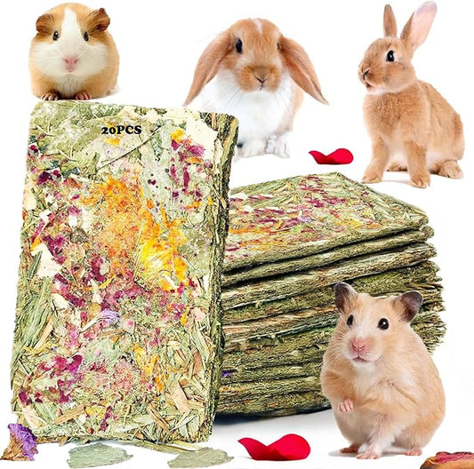 Rabbit Toys 20 Pack Bunny Toys Bunny Chew Toy Guinea Pig Treats Timothy Hay Toy Chips with Herbal Flowers Timothy Hay Grass Hamster Snacks Chinchillas Gerbils for Small Animals Teeth